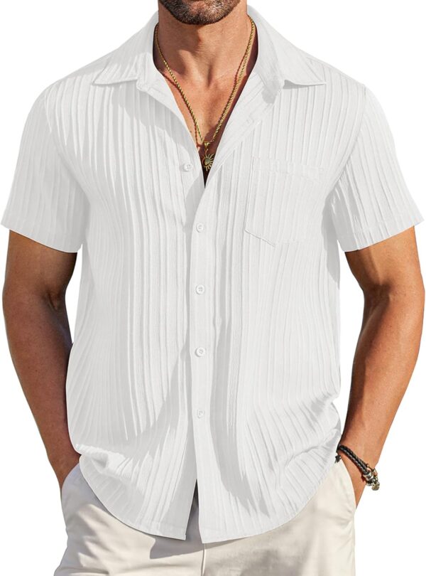 men Casual Button Down Shirts Short  Textured Summer Beach Shirt with Pocket