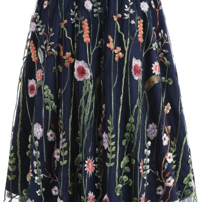 Women's Midi Length Skirt Layered Tulle A Line Skirts Embroidery/Floral Print Elastic Waist