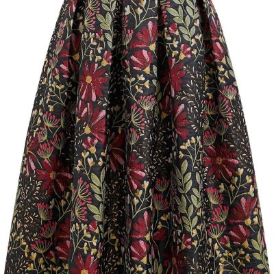 Women Daisy Field Pleated Midi Skirt Printed A-Line Casual High Waist Swing Flared Vintage Skirts with Pockets